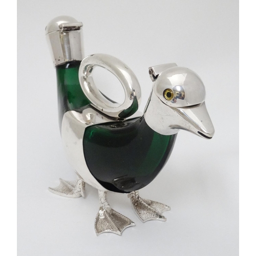 148 - A 21stC novelty double ended small duck claret jug of green glass and silver plate , 6'' high x 10 3... 