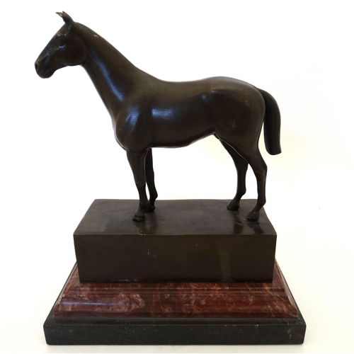 181 - Equine / Hose Racing : A late 20thC bronze model of a horse. Signed ' ANDRE',  mounted upon a marble... 