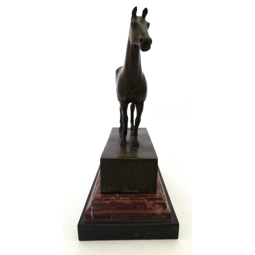 181 - Equine / Hose Racing : A late 20thC bronze model of a horse. Signed ' ANDRE',  mounted upon a marble... 