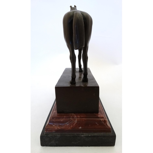 181 - Equine / Hose Racing : A late 20thC bronze model of a horse. Signed ' ANDRE',  mounted upon a marble... 