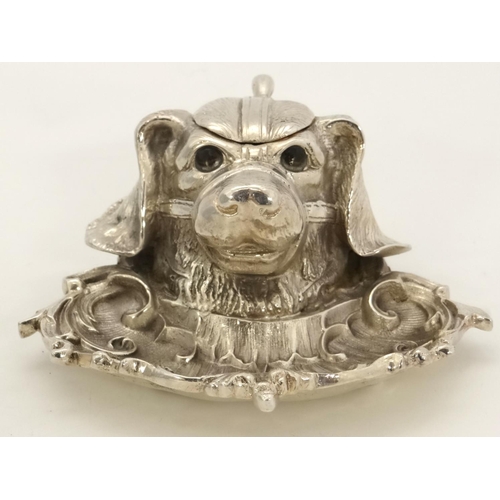 185 - A late 20thC silver plated inkwell / Standish  formed as a dogs head. Approx 2 ¾'' high x  5 ½''