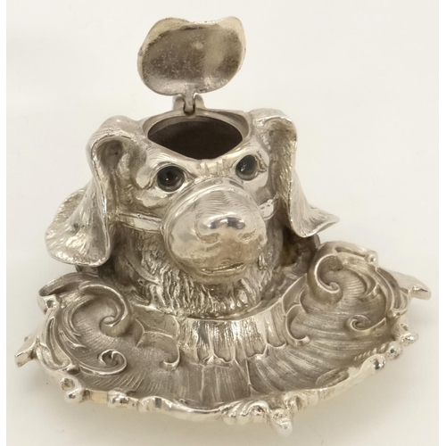 185 - A late 20thC silver plated inkwell / Standish  formed as a dogs head. Approx 2 ¾'' high x  5 ½''