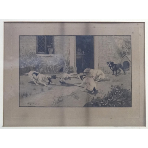 195 - After Stanley Berkley ( 1855-1909), Pair of monochrome dog engravings, Tug-o-war over an eviscerated... 