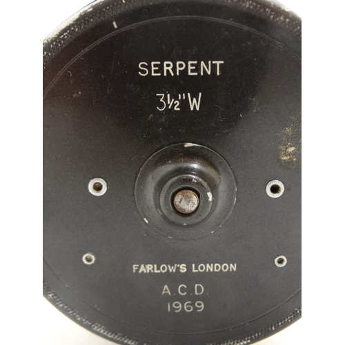 217 - Fly Fishing : A ' Farlow's London ' Sea Trout Fly  reel 3 1/2 '' Serpent ' with wide arbour complete... 