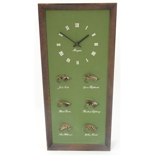 222 - Fly - Fishing : A Monogram battery wall clock with 6 mounted and named Salmon flies , measuring 22''... 