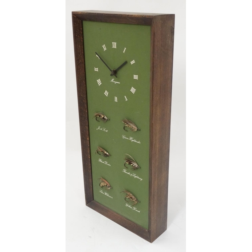 222 - Fly - Fishing : A Monogram battery wall clock with 6 mounted and named Salmon flies , measuring 22''... 