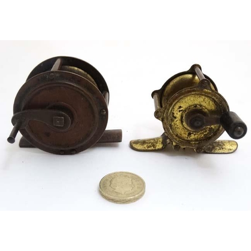 226 - Fishing : Two old brass brook reels , 1 1/2'' & 2'' centre pin fishing reels.