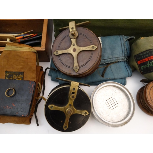 232 - Fishing: A mixed lot of old Nottingham reels, zinc alloy bait kettle and collection of assorted tack... 