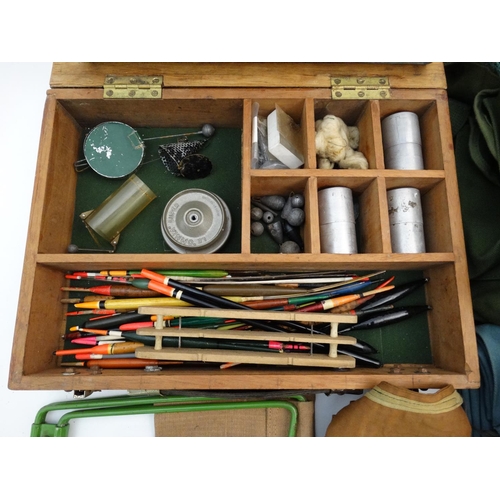 232 - Fishing: A mixed lot of old Nottingham reels, zinc alloy bait kettle and collection of assorted tack... 