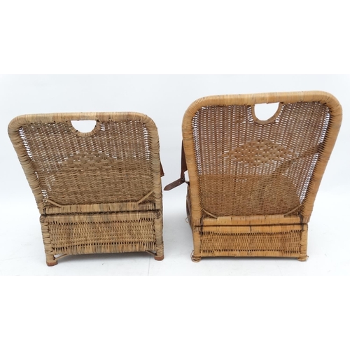 233 - Fishing: Two vintage wicker folding fishing seats with leather straps (one broken)