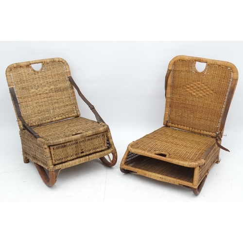 233 - Fishing: Two vintage wicker folding fishing seats with leather straps (one broken)