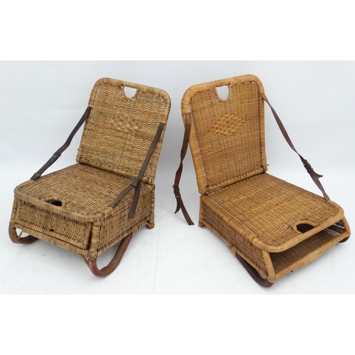 233 - Fishing: Two vintage wicker folding fishing seats with leather straps (one broken)