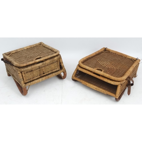 233 - Fishing: Two vintage wicker folding fishing seats with leather straps (one broken)