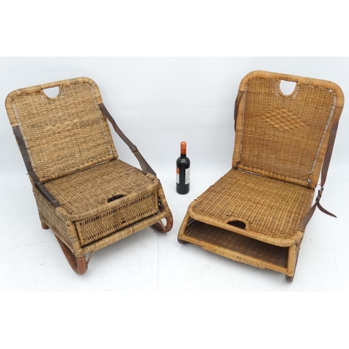 233 - Fishing: Two vintage wicker folding fishing seats with leather straps (one broken)