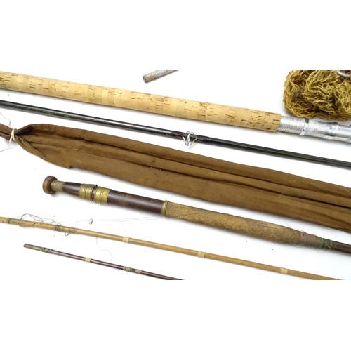 246 - Fishing :  a quantity of old fishing items to include a cloth cased fly rod, 2 part boat rod and lan... 