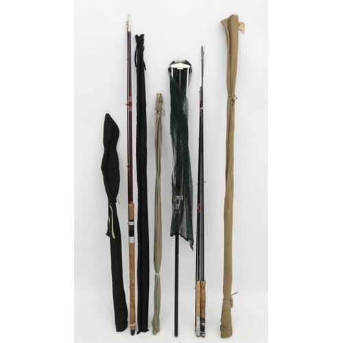 251 - Fishing: a Regent Carbon 9 1/2' 2 piece 7-8 cloth cased single hand fly rod, Betts 8 ' fibreglass 2 ... 