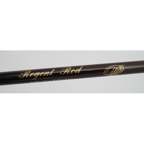 251 - Fishing: a Regent Carbon 9 1/2' 2 piece 7-8 cloth cased single hand fly rod, Betts 8 ' fibreglass 2 ... 