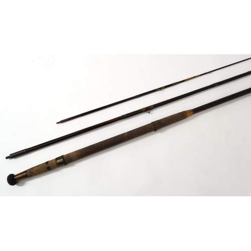 255 - Fishing : A traditional  11' , 3 piece stained cane bound rod with an associated cloth case