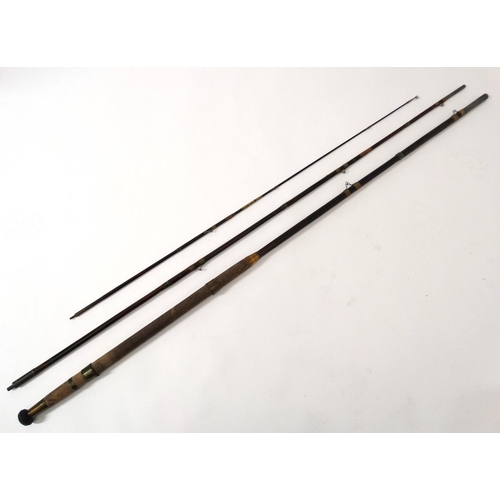 255 - Fishing : A traditional  11' , 3 piece stained cane bound rod with an associated cloth case