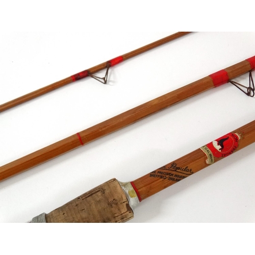 271 - Fishing : A traditional Mordex Popular  11'' , 3 piece split cane bound rod and associated cloth cas... 