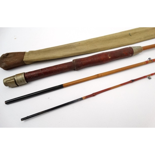 286 - Antique Trout Fly Fishing : A 19 th C 3 pce 8' 6'' cane trout fly rod with red painted shaped wooden... 