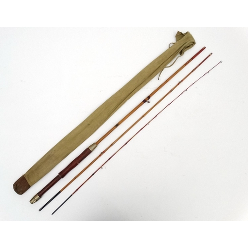 286 - Antique Trout Fly Fishing : A 19 th C 3 pce 8' 6'' cane trout fly rod with red painted shaped wooden... 