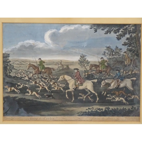 307 - 18thC Hunting, J Burford after J Seymour 1766, Hand coloured engraving,  'Going to Cover' early hunt... 