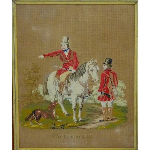 311 - Hunting: Embroidery, 'The Fowlers 57',  In a Victorian maple moulded frame, 20 x 16''