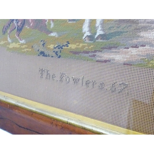 311 - Hunting: Embroidery, 'The Fowlers 57',  In a Victorian maple moulded frame, 20 x 16''