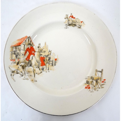 318 - Hunting: A collection of hunting ceramics to include a part tea set comprising 3 bowls, 6 side plate... 