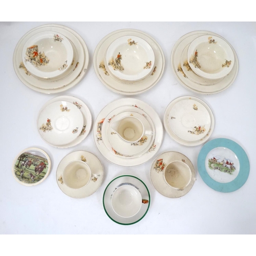 318 - Hunting: A collection of hunting ceramics to include a part tea set comprising 3 bowls, 6 side plate... 