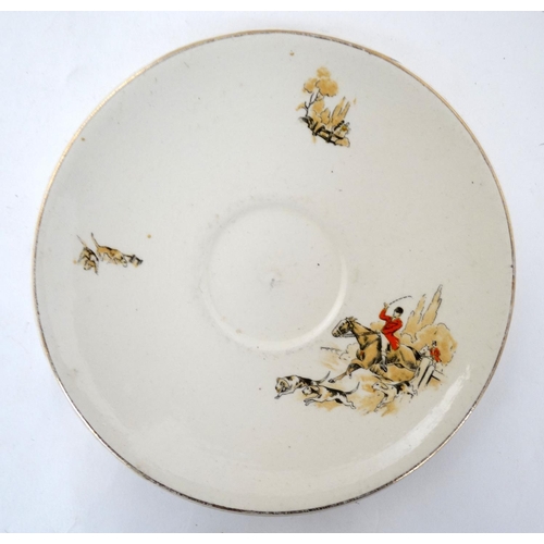 318 - Hunting: A collection of hunting ceramics to include a part tea set comprising 3 bowls, 6 side plate... 