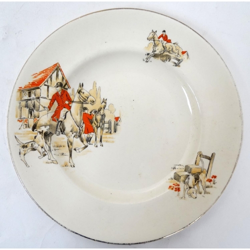 318 - Hunting: A collection of hunting ceramics to include a part tea set comprising 3 bowls, 6 side plate... 