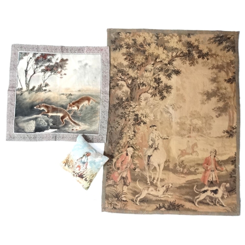 321 - Hunting: A 20thC tapestry decorated with hunting scene in a 19thC French style, together with a tape... 