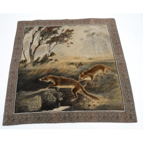 321 - Hunting: A 20thC tapestry decorated with hunting scene in a 19thC French style, together with a tape... 