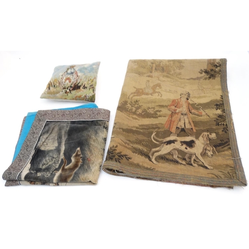 321 - Hunting: A 20thC tapestry decorated with hunting scene in a 19thC French style, together with a tape... 