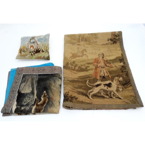 321 - Hunting: A 20thC tapestry decorated with hunting scene in a 19thC French style, together with a tape... 