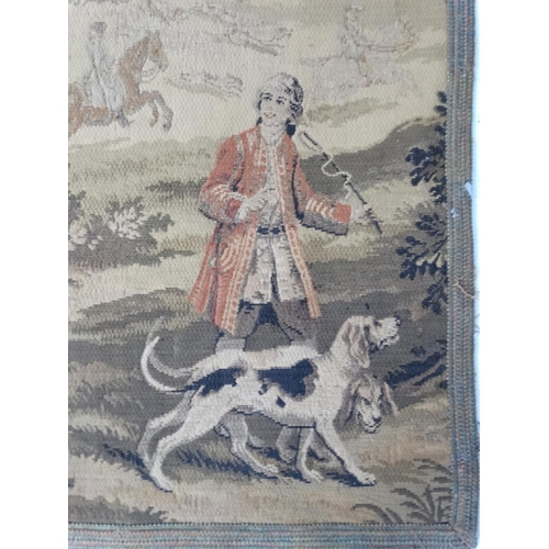 321 - Hunting: A 20thC tapestry decorated with hunting scene in a 19thC French style, together with a tape... 