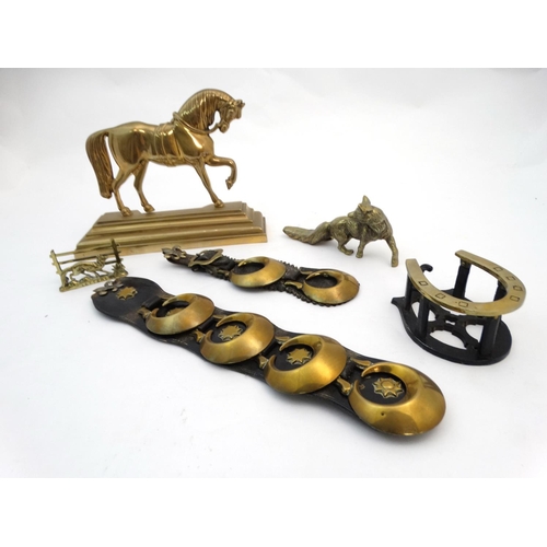 322 - Equine / Hunting interest : Assorted items to include horse brasses,  brass letter rack with fox dec... 