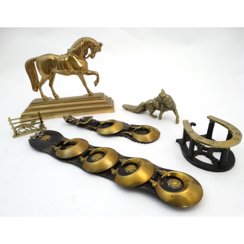 322 - Equine / Hunting interest : Assorted items to include horse brasses,  brass letter rack with fox dec... 