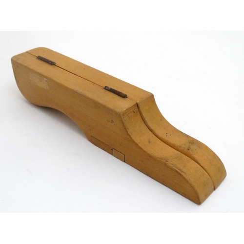 325 - Equestrian: A mid / late 20thC wooden campaign style folding boot jack / pull, 12'' long.