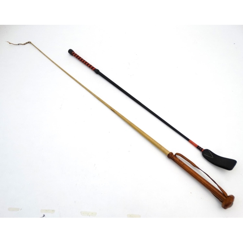 337 - Equestrian:  5 various riding crops, sticks and whips to include a Malacca riding crop, dressage whi... 