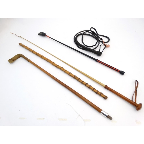 337 - Equestrian:  5 various riding crops, sticks and whips to include a Malacca riding crop, dressage whi... 