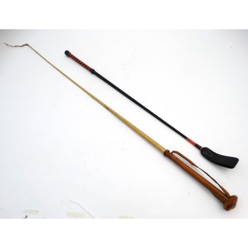 337 - Equestrian:  5 various riding crops, sticks and whips to include a Malacca riding crop, dressage whi... 