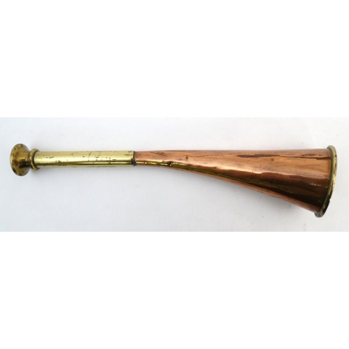 340 - Hunting : A long copper and brass hunting / coaching horn  34 1/2'' long, together with a short copp... 