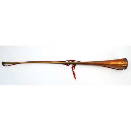 340 - Hunting : A long copper and brass hunting / coaching horn  34 1/2'' long, together with a short copp... 