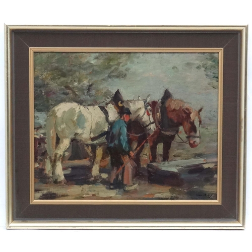 345 - Indistinctly signed Early-Mid XX Continental Equine School, Oil on board, Watering the heavy Horses,... 