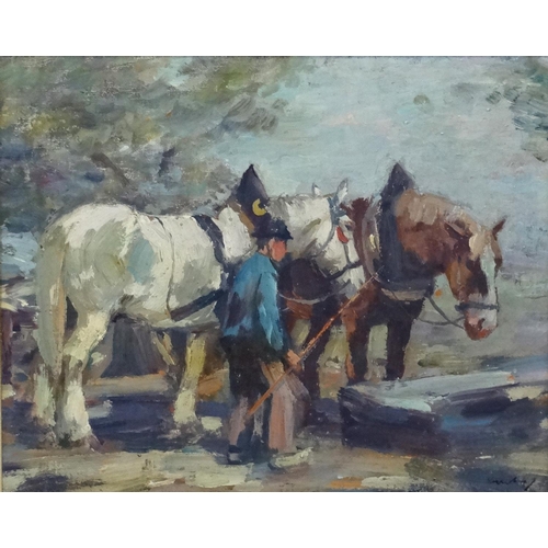 345 - Indistinctly signed Early-Mid XX Continental Equine School, Oil on board, Watering the heavy Horses,... 