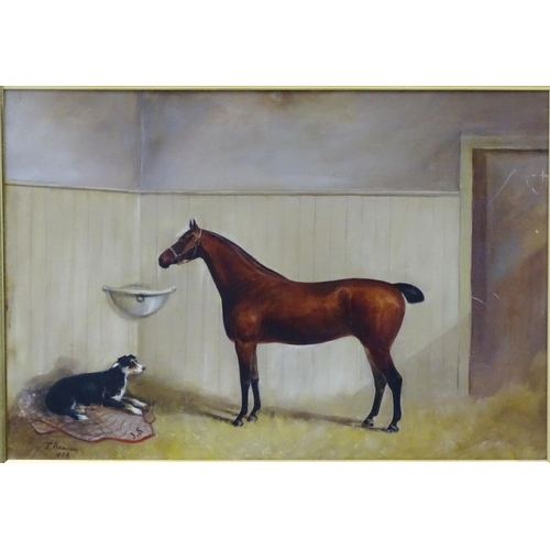 360 - T Benson c1890 Equine School, Oil on canvas, a pair, Portrait of a bay hunter horse in a stable with... 