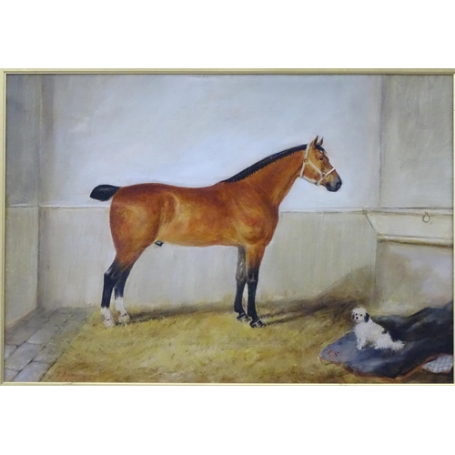 360 - T Benson c1890 Equine School, Oil on canvas, a pair, Portrait of a bay hunter horse in a stable with... 